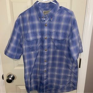 Duluth Trading Co. mens short sleeve button down medium blue white check.